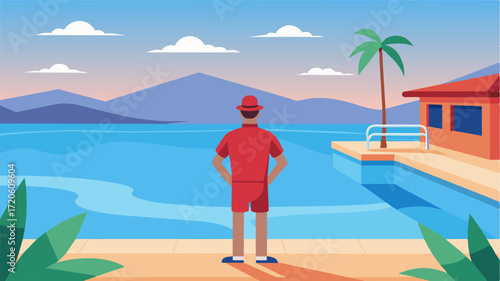 A lifeguard keeping a watchful eye over the resorts picturesque infinity pool.. Vector illustration