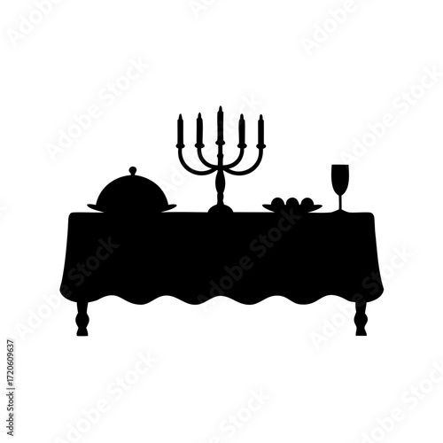Formal dining table with a candelabra, covered dish and wine glass silhouette