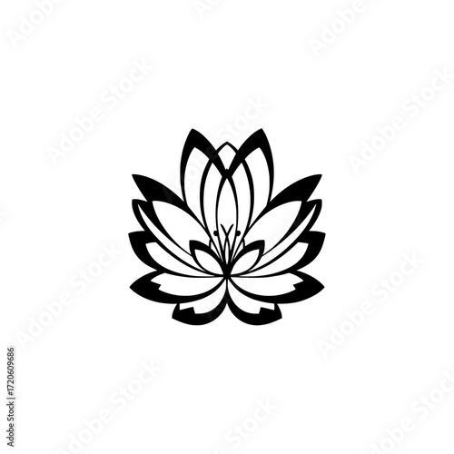 An elegant and symmetrical black vector illustration of a lotus flower. 