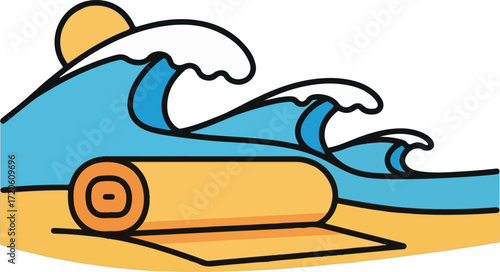 Beach scene with waves, sun, and rolled-up towel