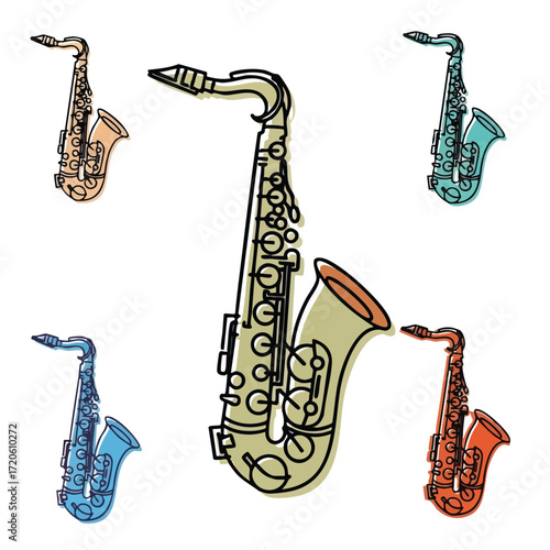 Colorful hand-drawn outline saxophones in various hues, arranged on a white background, depicting musical instruments.