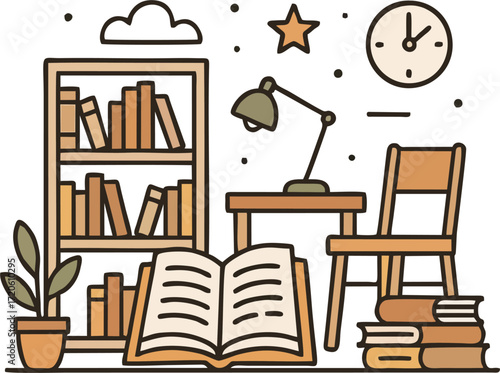 Bookshelf with books for reading, education, knowledge. Home library on shelf. Study and fiction literature, encyclopedias standing and stacked. Flat vector illustration isolated on white background