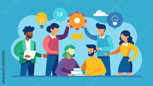 A group of business professionals engaged in a teambuilding activity designed to improve communication and collaboration as part of a cognitive training program.. Vector illustration