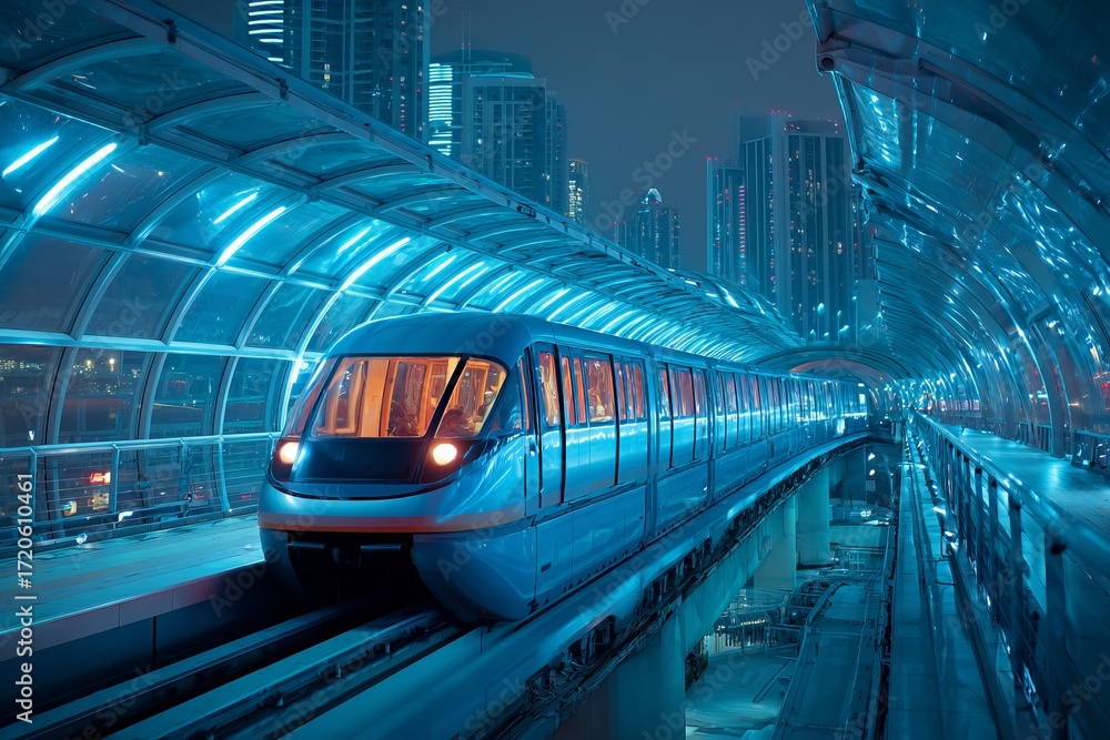 Fototapeta premium Futuristic metro train at night in illuminated station