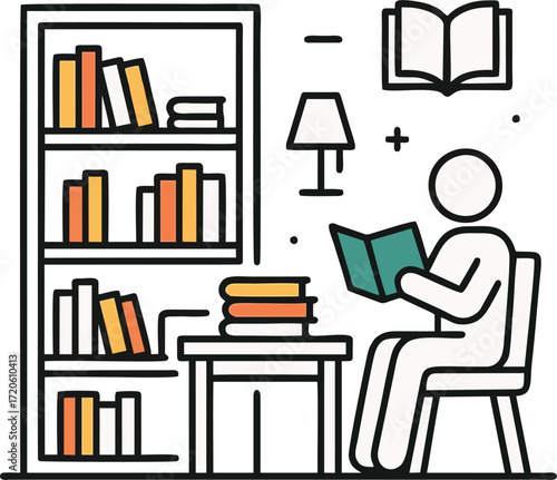 Bookshelf with books for reading, education, knowledge. Home library on shelf. Study and fiction literature, encyclopedias standing and stacked. Flat vector illustration isolated on white background