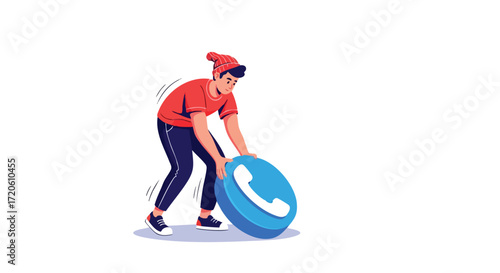 Man Rolling a Giant Phone Icon Communication and Support Concept