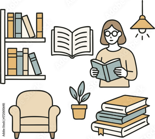 Bookshelf with books for reading, education, knowledge. Home library on shelf. Study and fiction literature, encyclopedias standing and stacked. Flat vector illustration isolated on white background