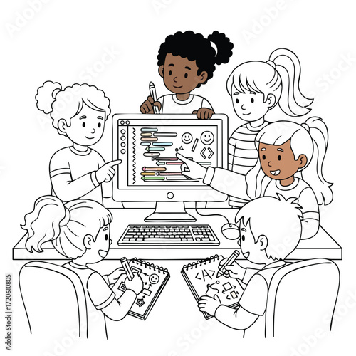 Diverse group of children learning computer programming and coding together, with some taking notes and collaborating.