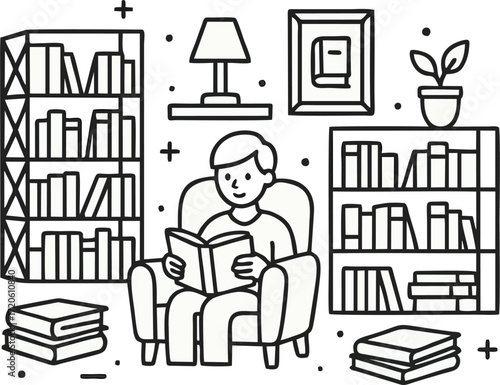 Bookshelf with books for reading, education, knowledge. Home library on shelf. Study and fiction literature, encyclopedias standing and stacked. Flat vector illustration isolated on white background