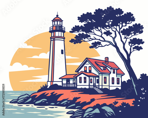 Lighthouse by sea silhouette illustration isolated on white background