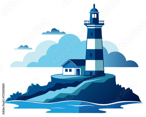 Lighthouse by sea silhouette illustration isolated on white background