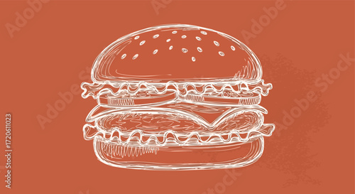 Hand Drawn Burger Sketch on Rustic Orange Background Delicious Food Illustration