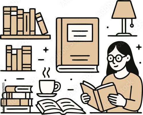Bookshelf with books for reading, education, knowledge. Home library on shelf. Study and fiction literature, encyclopedias standing and stacked. Flat vector illustration isolated on white background