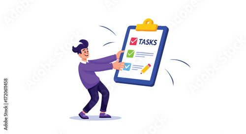 Happy Man Struggling with Huge Task List Checklist Project Goal Cartoon Illustration