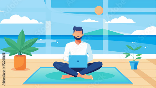 A businessman taking a break from his laptop to enjoy a rejuvenating yoga class in a bright and airy studio at a beachfront spa retreat.. Vector illustration