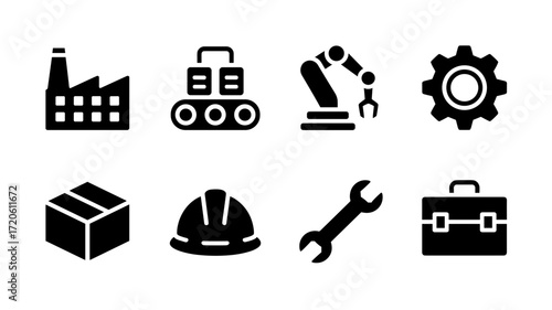 Set of vector industry icons including factory, robotic arm, gear, helmet, wrench and package
