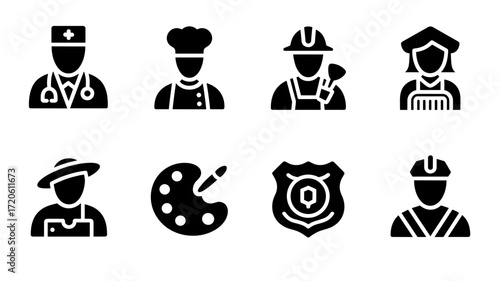 Set of vector icons of professions including doctor, chef, police officer, artist and construction worker
