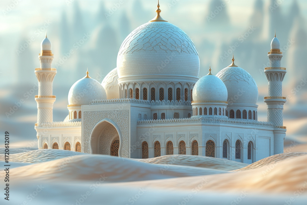 Fototapeta premium White mosque stands tall in the desert.