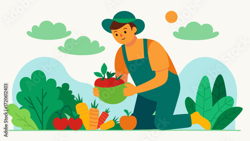 A person harvesting fresh vegetables from their garden showcasing the practical benefits of gardening such as providing healthy food and encouraging a balanced diet.. Vector illustration