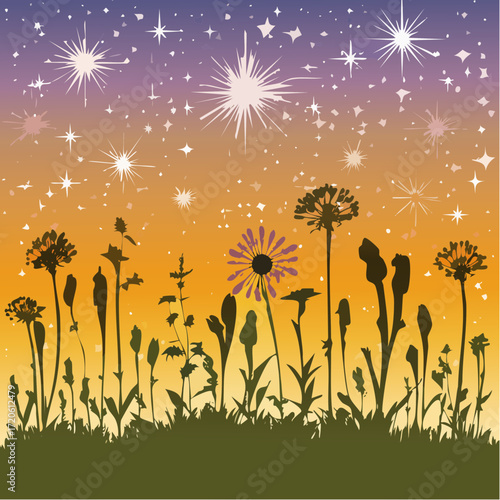 midnight garden glowing wildflower silhouettes on midnight fields — moody posters and greeting cards capturing dusk and quiet anticipation