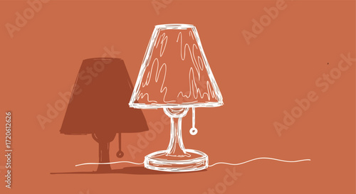 Hand drawn Table Lamp with Shadow Home Decor Illustration White Sketch on Terracotta Background