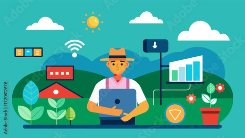 A virtual farm management platform enhanced by AI allows farmers to remotely monitor and control various aspects of their farm saving time and resources.. Vector illustration