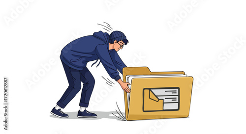 Young Man Straining to Move an Overly Full File Folder