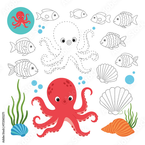 Cute Octopus and Fish Connect The Dots Educational Activity for Kids.