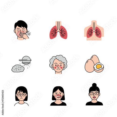 Allergy symptoms and triggers illustrated icons set.