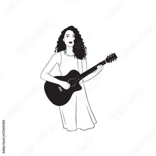 Black and white line art of a cool woman playing guitar in casual outfit minimalist stylish illustration

