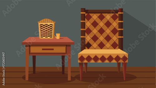 A traditional African woven chair p in front of a rustic work desk made of reclaimed wood.. Vector illustration