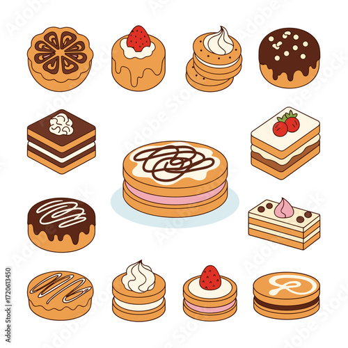 Collection of delicious sweet pastries and cakes isolated on white background.