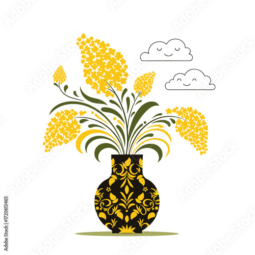 Yellow Mimosa Flowers in Decorative Vase with Clouds.