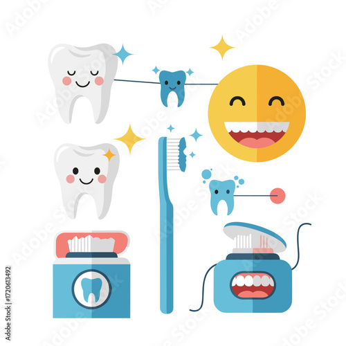 Cute cartoon teeth and dental hygiene tools for oral care illustration.