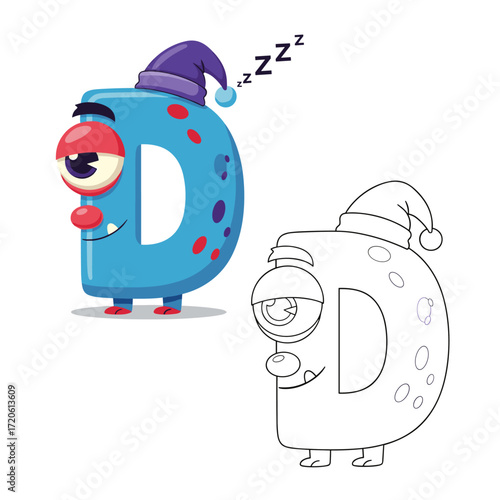Cute Sleeping Letter D Monster Character Illustration.