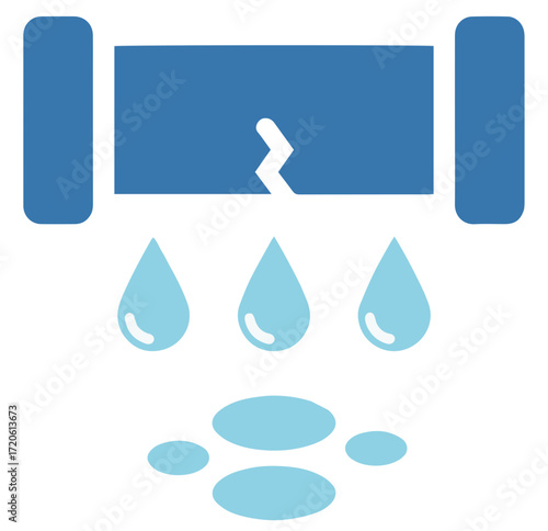Leaking pipe vector icon. Broken water pipe with dripping water, representing a plumbing problem, water damage, or a need for repair.