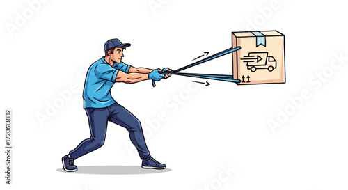 Fast Delivery Service Courier Pulling a Package with Powerful Straps