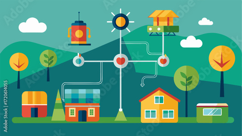 A smart grid connecting multiple farms in a region allowing for better energy distribution and sharing.. Vector illustration