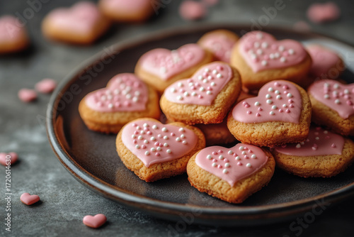 Heart-shaped cookies with pink icing on a plate.