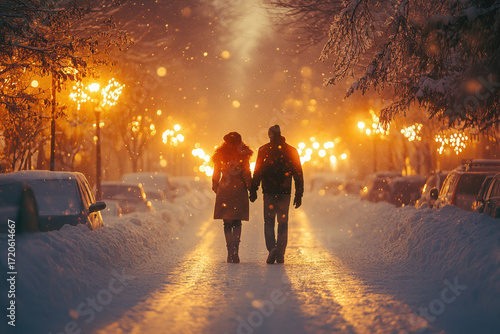 Couple walking down snowy street at night.
