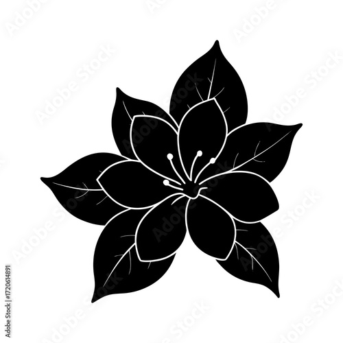 Stylized black silhouette of a five petal flower with leaves