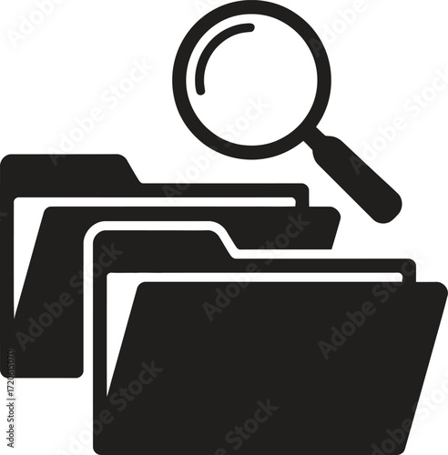 Magnifying glass over stacked folders representing search and organization