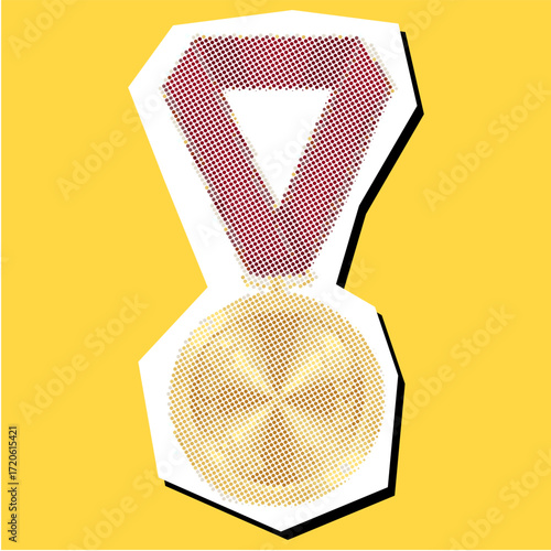 Gold medal halftone dotted collage element pointillize in paper torn vector. A striking design for competition, achievement, and success. Combines a classic symbol with a modern, textured art style.