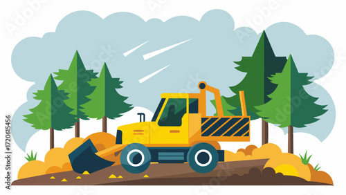 A selfdriving bulldozer clears out fallen trees and debris ensuring safe and efficient passage for forest workers and vehicles.. Vector illustration