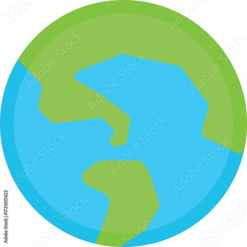 Flat colored icon of the Earth globe with simple continents. Ideal for education, environment, geography, travel, and global themes