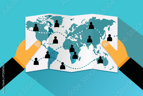 Global network connections visualized on a world map with people icons and dotted lines