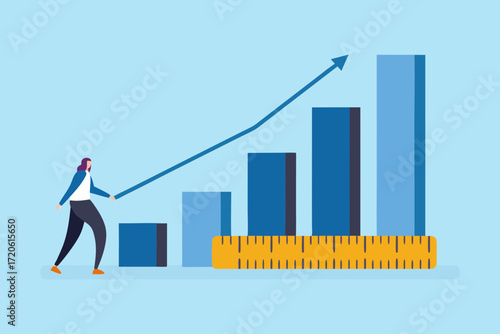 Businesswoman analyzing upward trending bar graph with ruler indicating growth measurement and progress