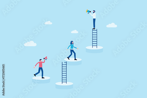People climbing ladders on platforms to reach higher goals and communicate with megaphones