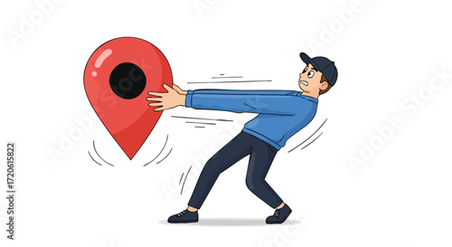 Man Struggling to Move a Giant Location Pin Illustration