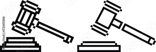 Two stylized gavel icons representing justice and legal decisions